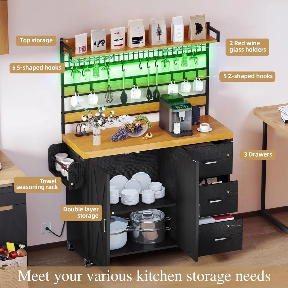 Farmhouse Coffee Bar Cabinet with Power Outlet and LED, 53 Inch Wine Bar Cabinet with Storage, Tall Shelf on Wheels, 3 Drawers,