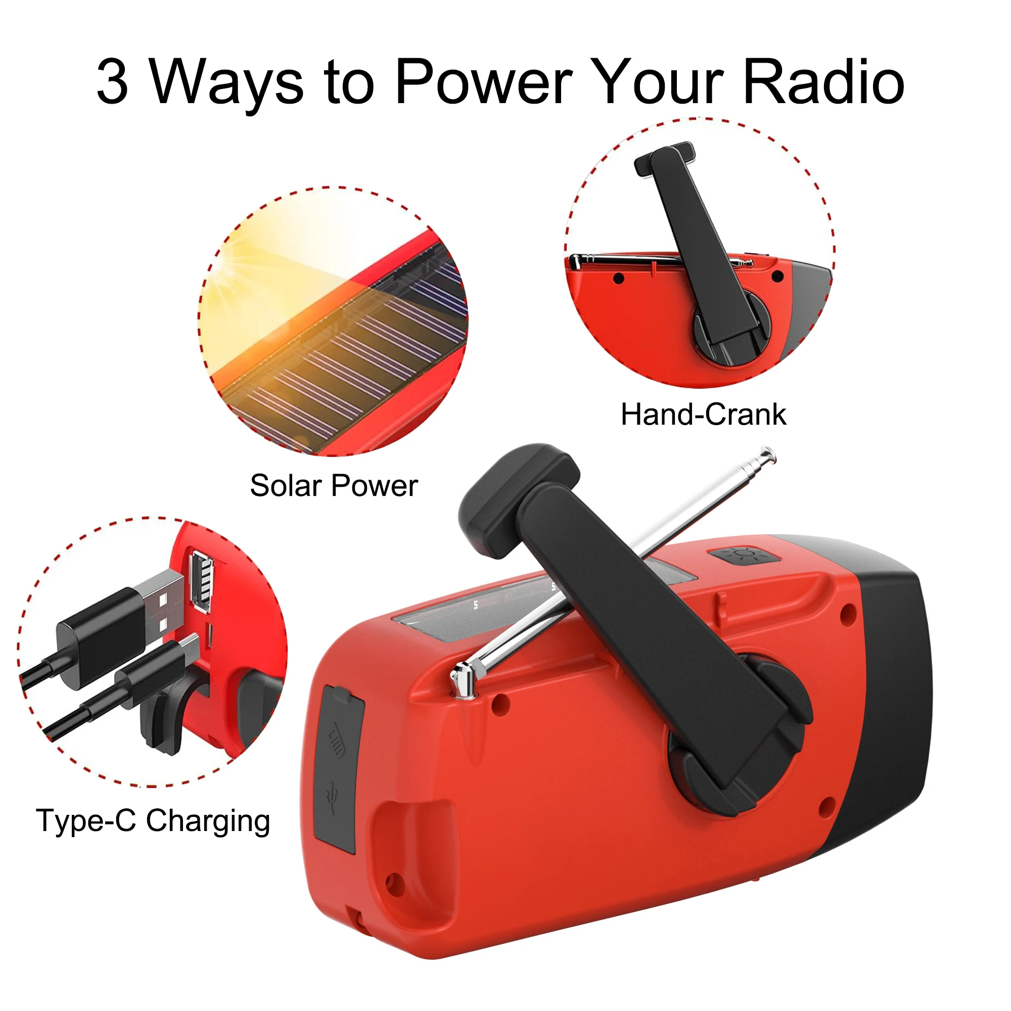 راديو كرنك اليد المحمول، راديو الطقس في حالات الطوارئ، يعمل بالطاقة الشمسية AM/FM NOAA، إنذار SOS، مصباح يدوي 2000 مللي أمبير في الساعة بنك طاقة قابل لإعادة الشحن #6