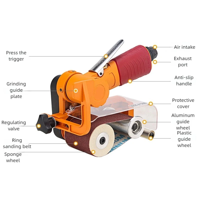 Air Belt Sander Pneumatic Roller Belt Sander Professional Belt Sander Sanding Pneumatic Tool with 10Pcs 60 x 260mm Sanding Belts