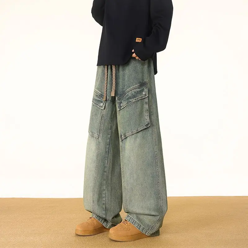 بنطال جينز رجالي مقاس كبير كاجوال أمريكي واسع الساق مع جيوب متعددة بنطال عمل عصري ومتعدد الاستخدامات