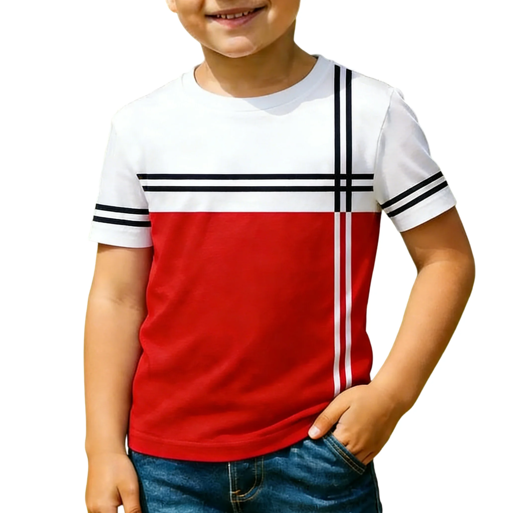 Boys' Color-block Plaid Short-sleeve T-shirt, Summer  Children's New British-style Top, Available in Multiple Versatile Colours