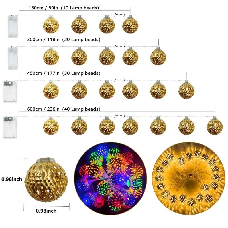 1pc LED Moroccan Fairy Lights Battery Operated Gold Globe String Lights For Home Outdoor Wedding Party Festival Decoration image 5