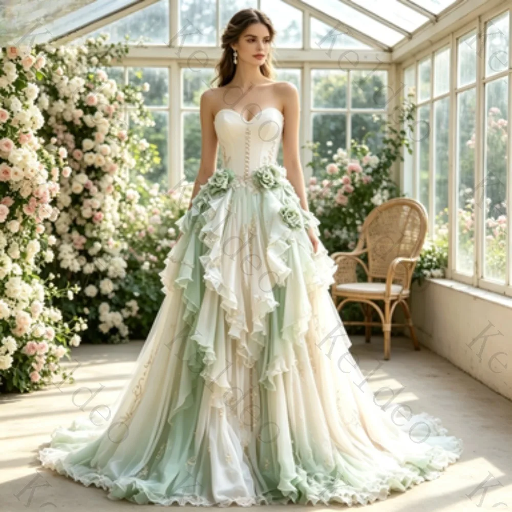 Customized Strapless Sweetheart Ball Gown Evening Dress Corset Bodice Floral Appliques Layered Ruffle Gradient Formal Prom Gown