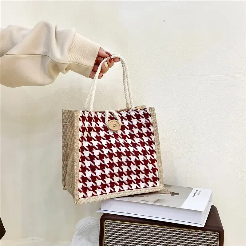 Ins Lunch Bags for Women Houndstooth Small Lunch Bag Food Storage Tote Bag Functional Portable Travel Picnic Outdoor Lonchera