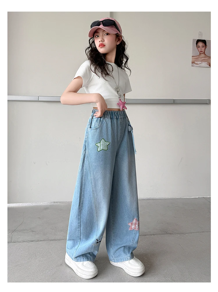 Neue Trendige Kinder-Jeans mit Anhänger für Teenager-Mädchen, Modische Street-Denim-Hosen, Kinder-Trendjeans 5-14 Jahre – Detail 6