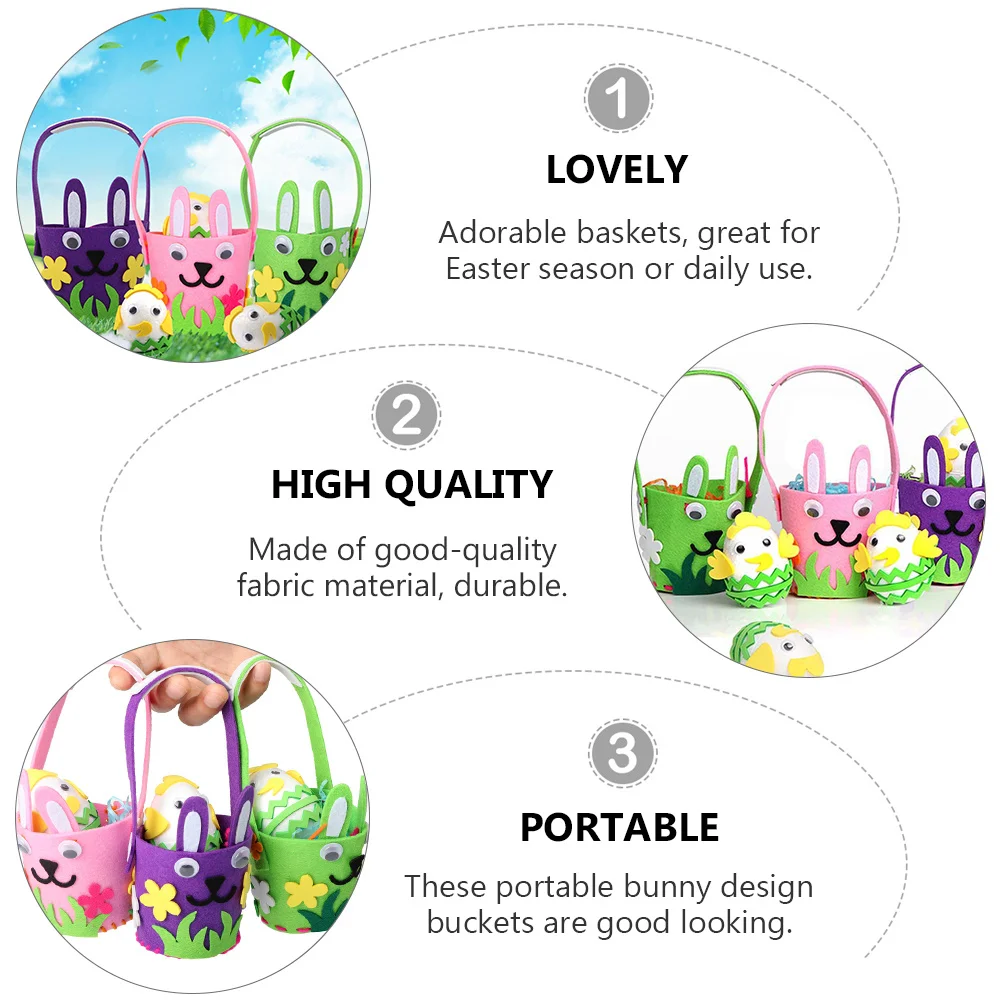 

3Pcs Easter Bunny Egg Baskets Adorable Felt Portable Candy Gift Tote Bags Festival Decorations Easter Egg Hunt Basket
