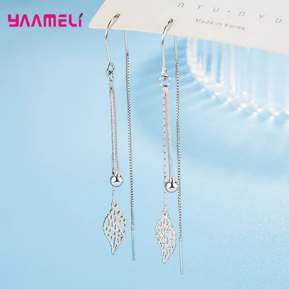 925 Sterling Silver Earrings Fashion Jewelry Simple Hollow Leaf Tassel Long Box Chain Thread Pendientes Ear Decoration Ornaments