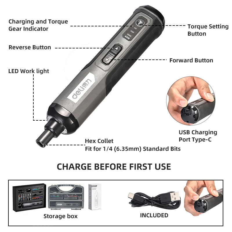 Deli 4V Cordless Electric Screwdriver Set 5N.m Max Torque Power Drill Tools for Home DIY Furniture Assembly Repair Kit