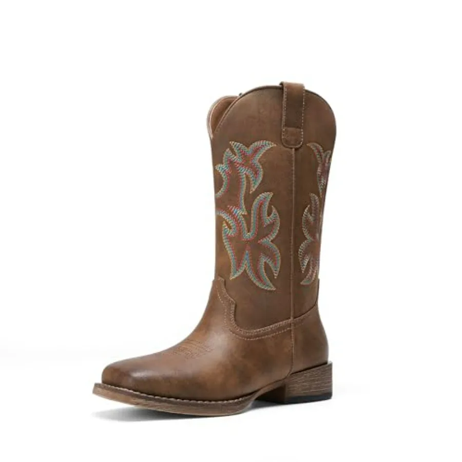 

DREAM PAIRS Cowboy Cowgirl Boots for Women Wide Square Toe Western Mid Calf Pull-On Embroidered Stitched Retro Boots