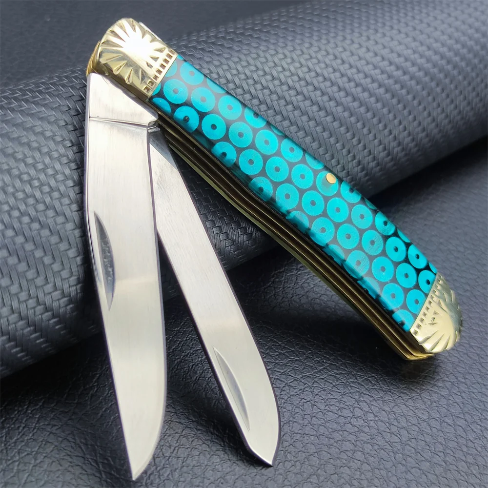 

Multi Outdoor Pocket Knife 440C Two Blades Brass+Color resin Handle Folding EDC Utility Hunitng Self Defense Fruit Knives Tools