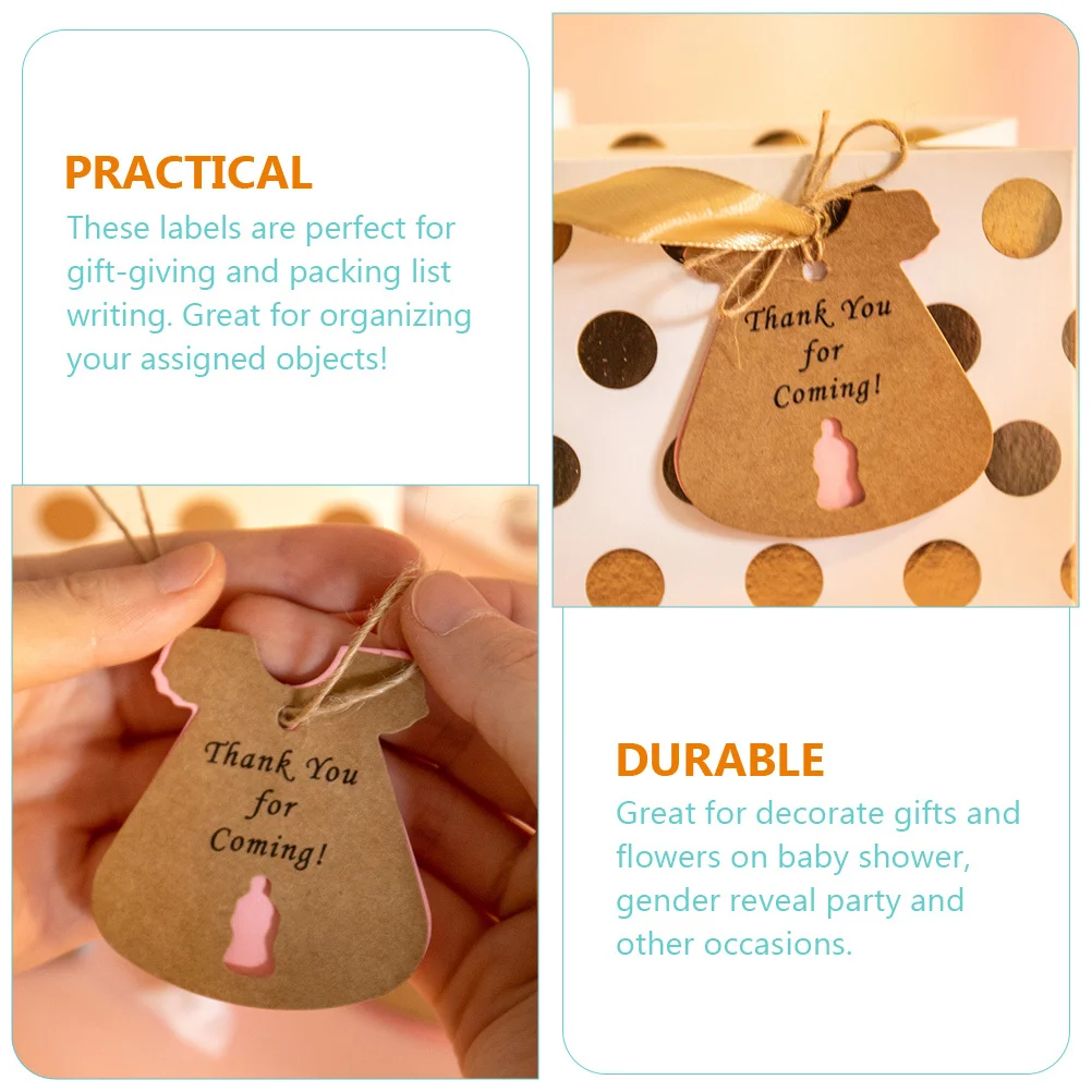 

50Sets Dress Shape Kraft Paper Tags Hanging Holes Durable Baby Shower Gift Tags Blank Label for Birthday Party Decoration