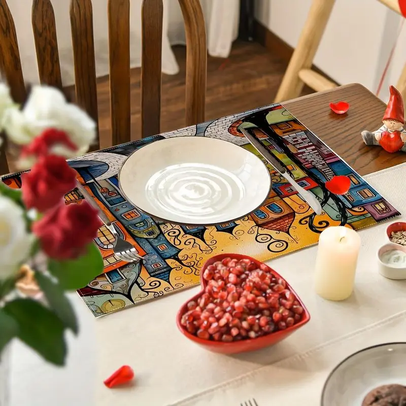 VIKAMA Vintage Colorful City Street Placemat Art Painting Print Easy to clean For Dining Room Kitchen Home Table Decor