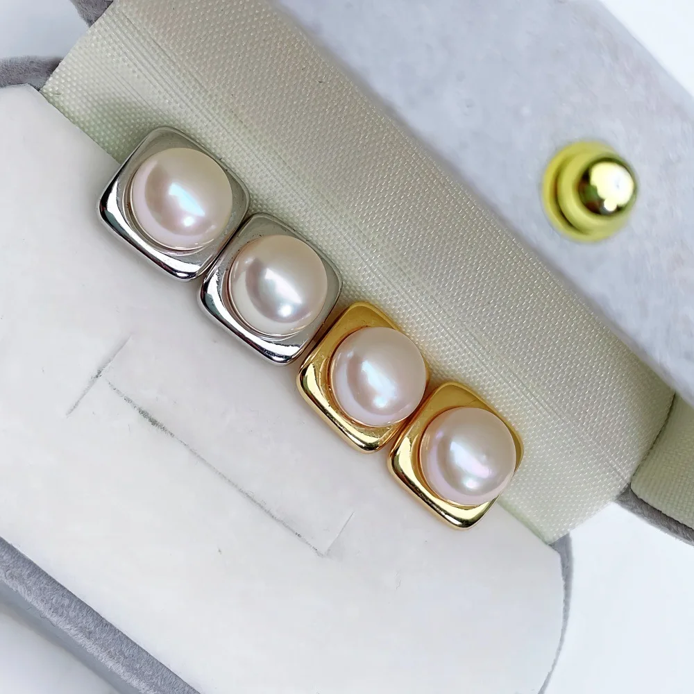 

7-8mm Bread Round Freshwater Pearl Stud Earrings for Women Geometric Shape Pearl Earrings Jewelry Gift