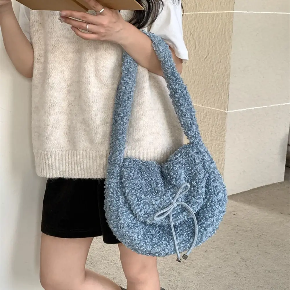 

Portable Vintage Lamb Wool Shoulder Bag Cute Bowknot Plush Crossbody Bag Sweet Woolen Bow Handbag Shopping