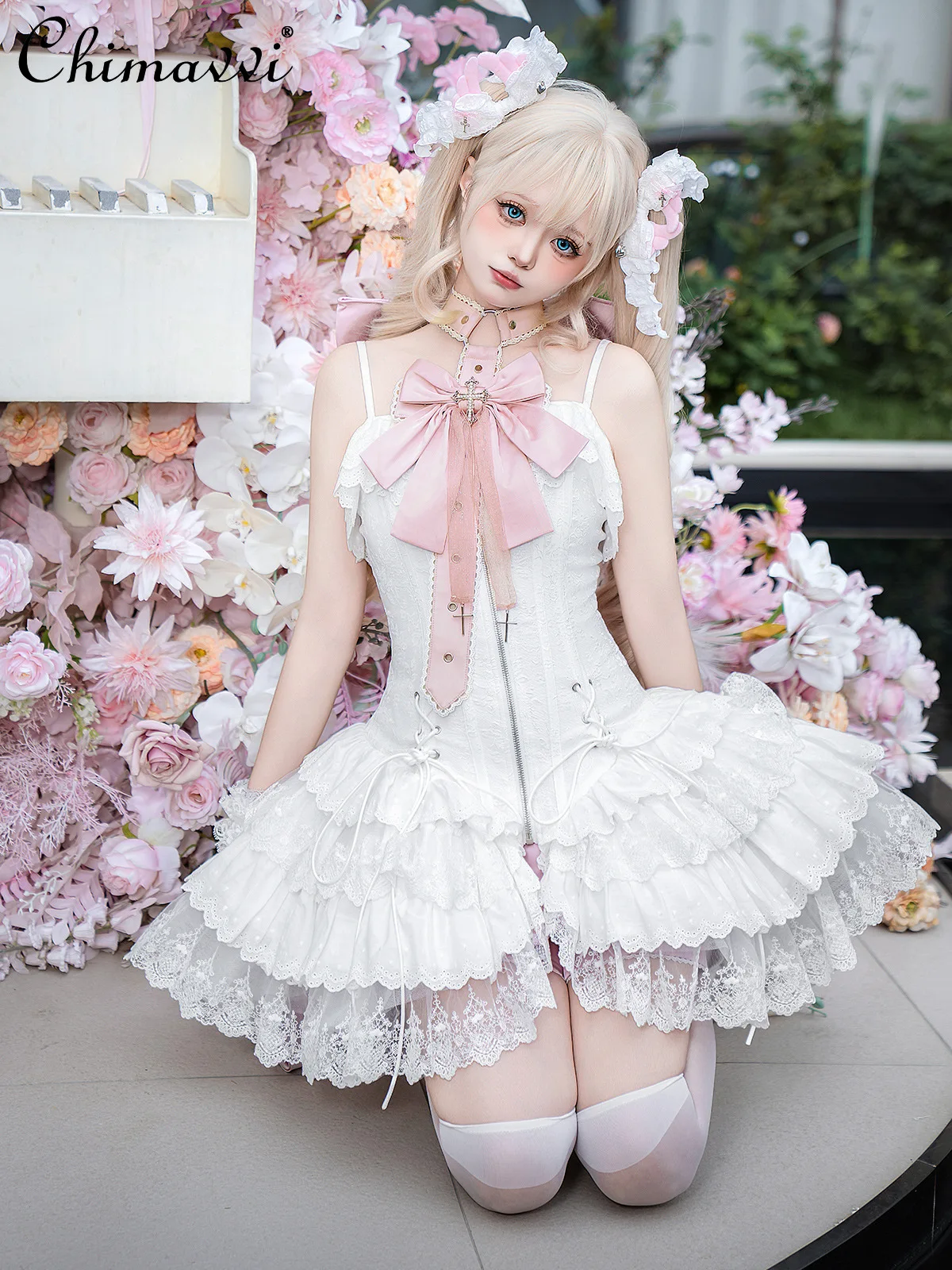 Ballett Sommer Damen Elegantes Cla JSK Hosenträgerkleid Prinzessin Süße Mädchen Große Satin Schleife Band Schlankes Fishbone Spitzenkleid Lolita