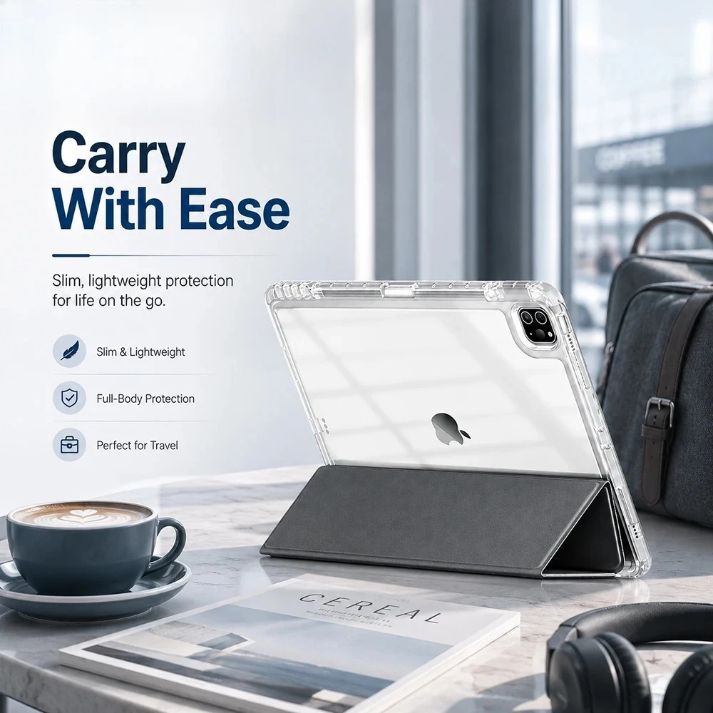 Clear Acrylic IPad Case & Smart Cover with Pencil Holder Shockproof Transparent Back, Auto Sleep Wake for IPad 11th 10th Air Pro