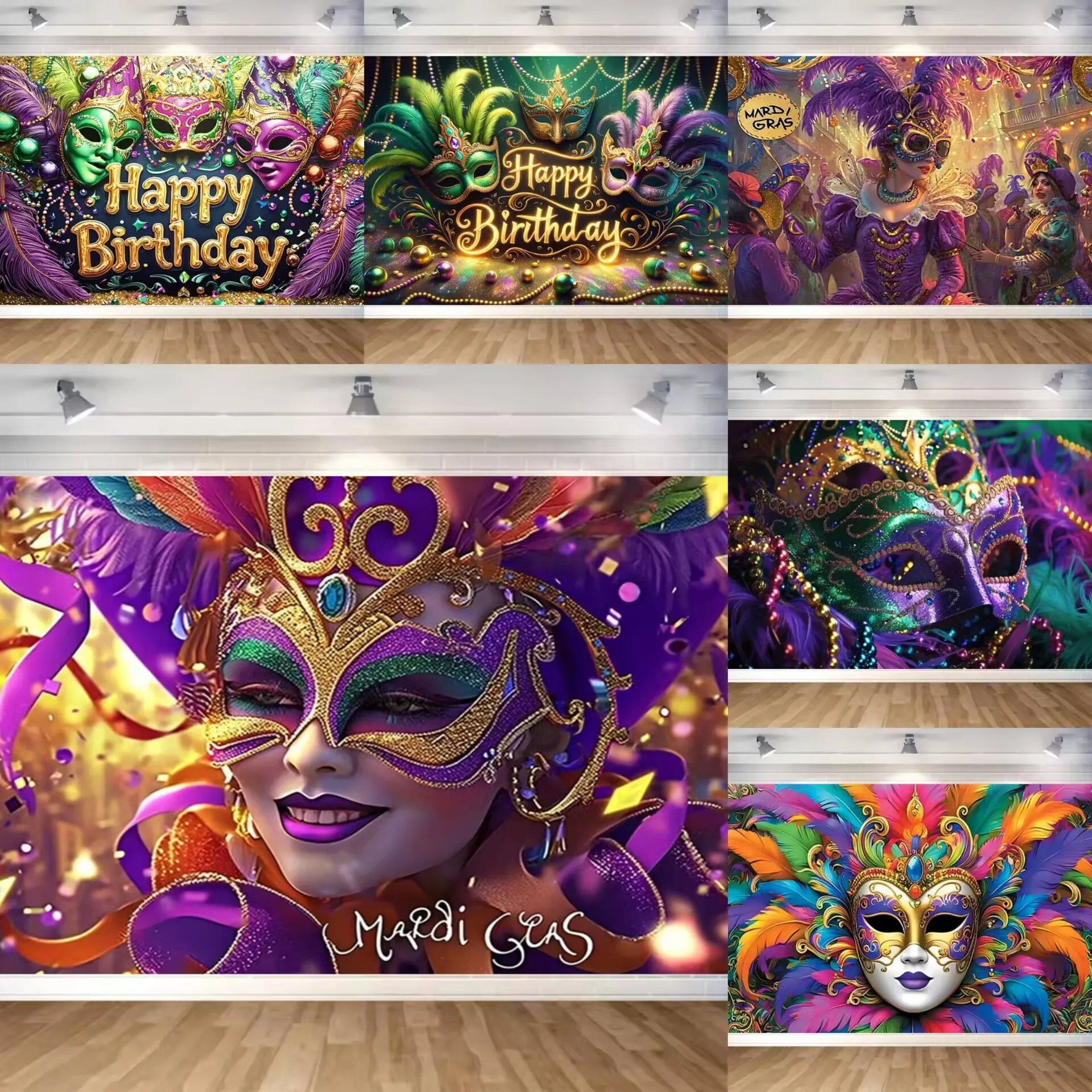 

Venetian Mardi Gras Masquerade Party Decoration Background Colorful Portrait Mask Carnival Backdrop Supplies Photography Props