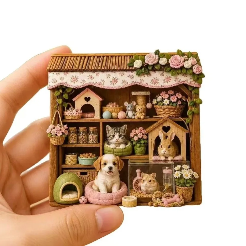 Resin 3D Embossed Refrigerator Sticker Shop Shape Cat Themed Refrigerator Magnet House Themed Ornaments Refrigerator Decoration