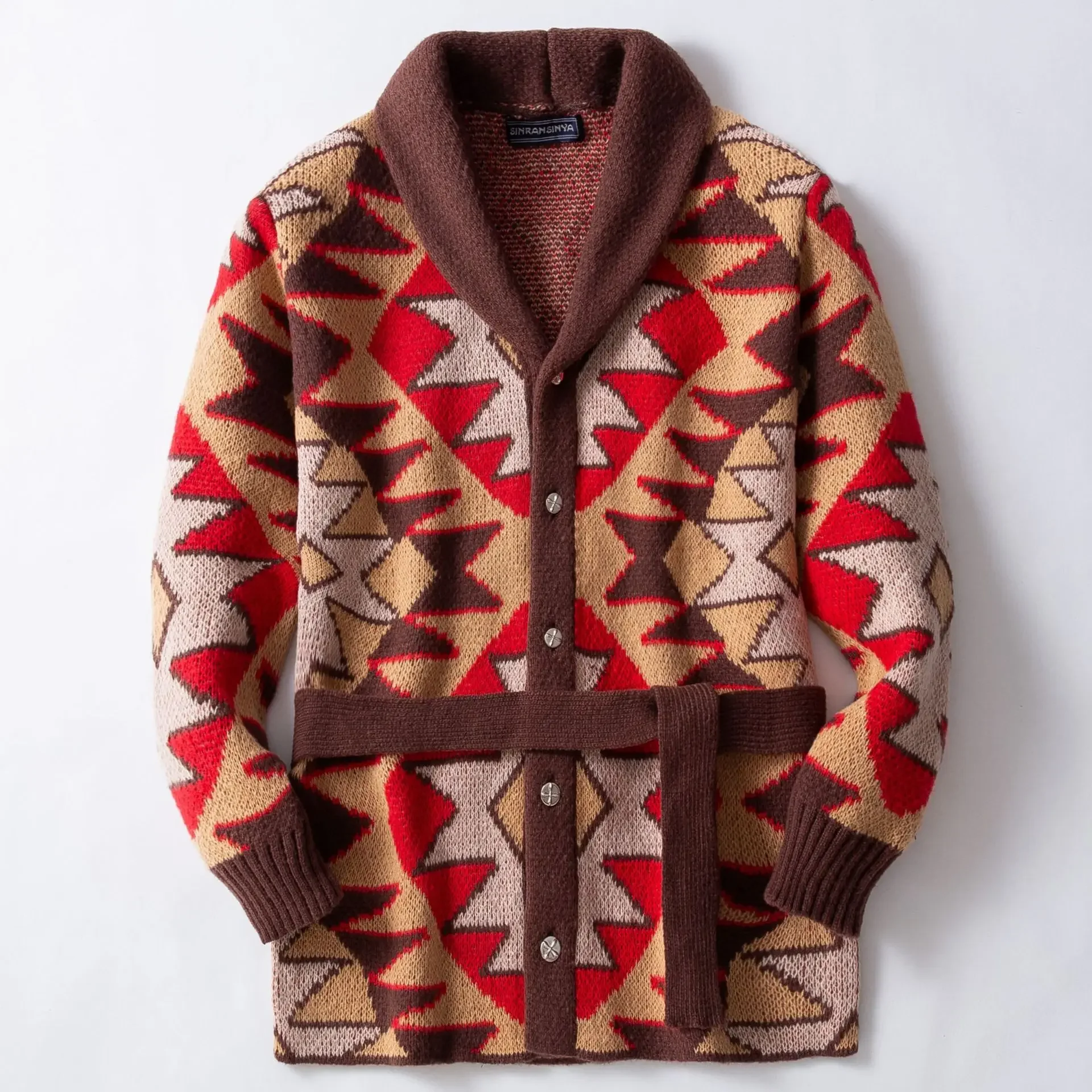 

Fashionable Jacquard Sweater Men Cardigans Knitted Lapel Button-up Long Sleeve Coats Winter Vintage Belt Sweaters Мужской свитер