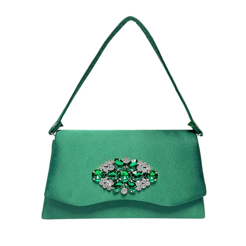 Emerald Green Satin Emerald Rhinestone Floral Thin Shoulder Strap Flap Clutch Luxury Vintage Evening Purse Mature Women Wedding