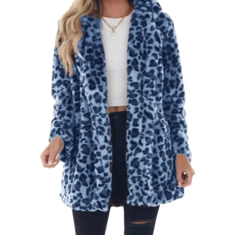 Women's Winter Warm Faux Fur Leopard Print Coat Casual Turn-down Collar Long Sleeve Jacket Lady Streetwear Overcoat With Pockets