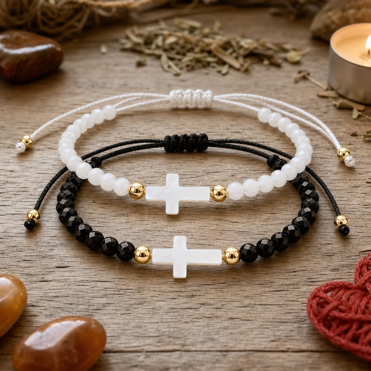 Christian Cross Beaded Bracelet Black White Glass Beads 7 Christian Cross Beaded Bracelet Black White Glass Beads