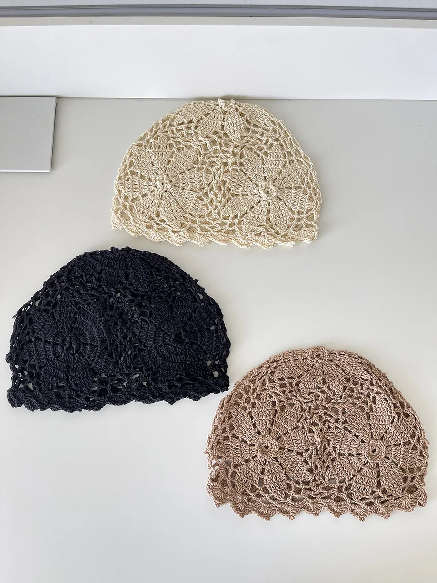 

Handmade Korean Sle Light Weight Breathable Knitted Hat with Scarf Hollow out Design Summer Cap for Women Casual Sle
