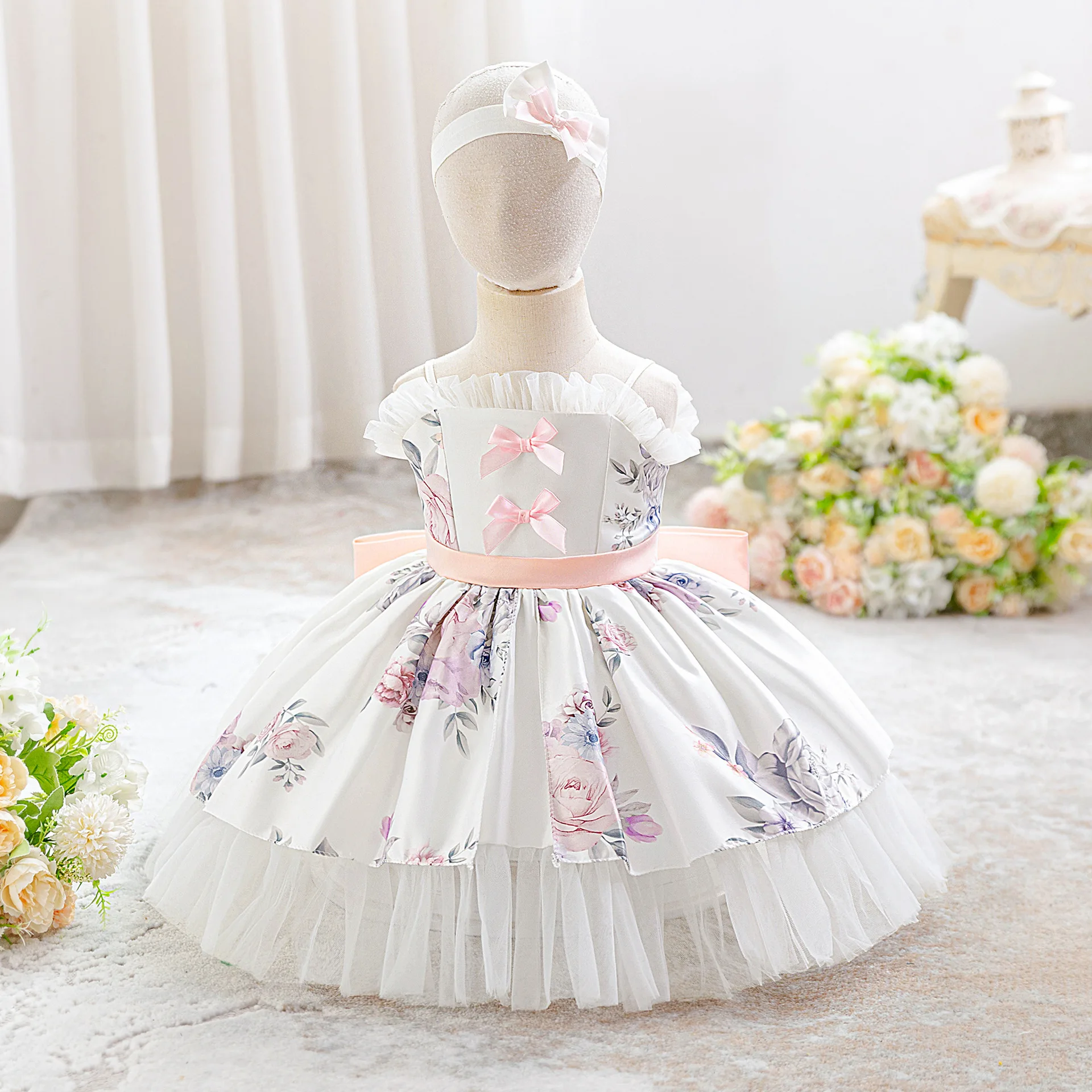 HETISO Girls Floral Princess Dress Sleeveless Tulle Sling Elegant Casual Kids Children Party Ball Gown 6M-3 Years