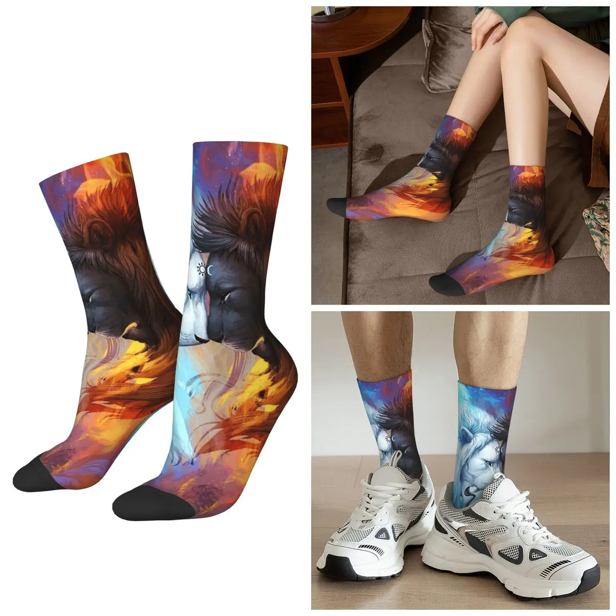 

All Seasons Black And White Lion Socks Harajuku Sport Middle Tube Socks Fashion Stockings for Men Women Christmas Gifts