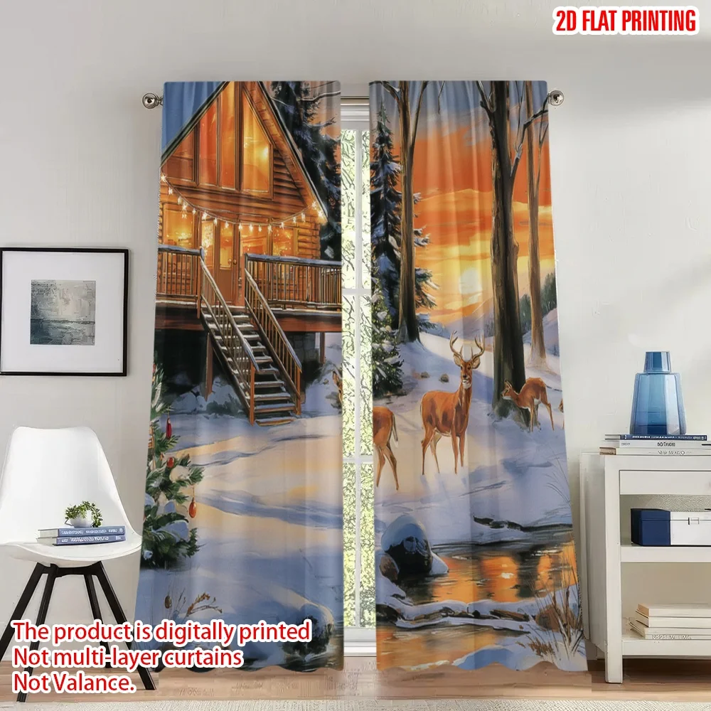 

2pcs 2D flat printing Christmas Scene Curtains Cozy Cabin Deer Christmas Scene Digital Printed Polyester Drapes Birthday Party