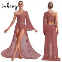 Vestido de baile de salón de Ballet lírico para mujer, leotardos de manga acampanada con un hombro, faldas de malla divididas fluidas, vestido Maxi