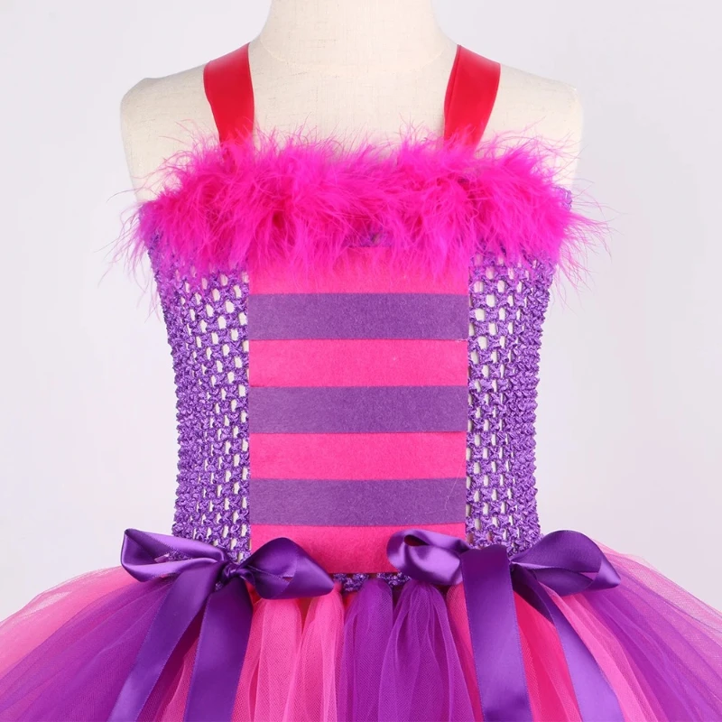 Cartoon Magic Striped Cheshire Cat Tutu Dress Set Girls Halloween Carnival Party Dress New Hot Purple Cat Kids Wonderland Outfit view 5