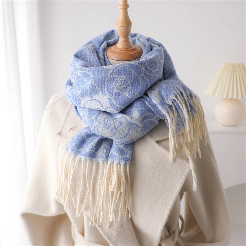 Fashion Flowers Print Scarf Women Winter Cashmere Warm Pashmina Blanket Wraps Men Thick Soft Bufanda Tassel Shawl Poncho Echarpe