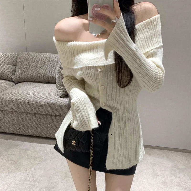 

High Quality Hot Selling 2024 Gentle Style Temperament Slit Knitted Sweater Spicy Girl Long Sleeved One Shoulder Sweater Jacket