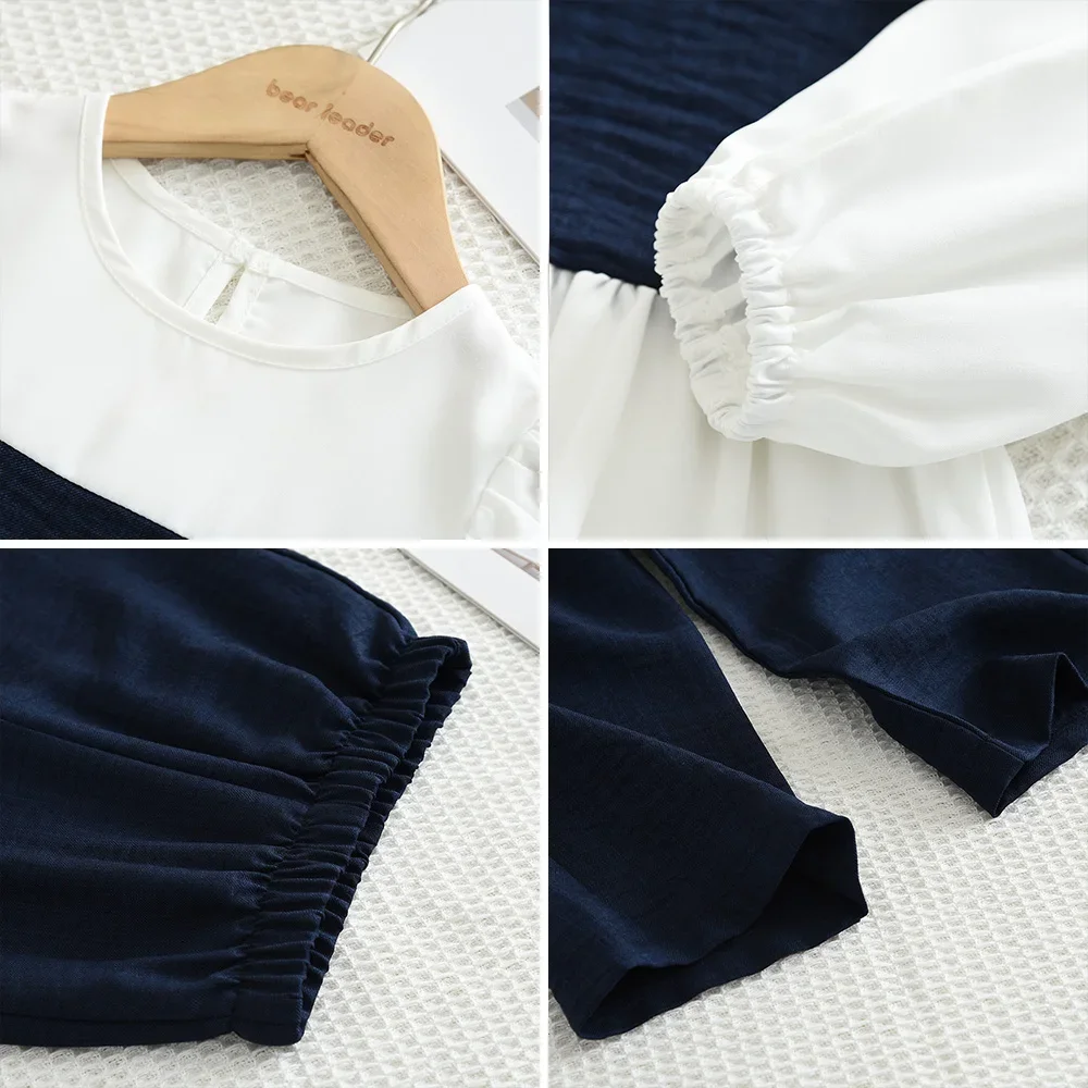 Bear Leader Autumn Long Sleeved Color Blocked T-shirt Top+Pants 2Pcs Korean Version Plain Girls Suit Casual Kids Clothes