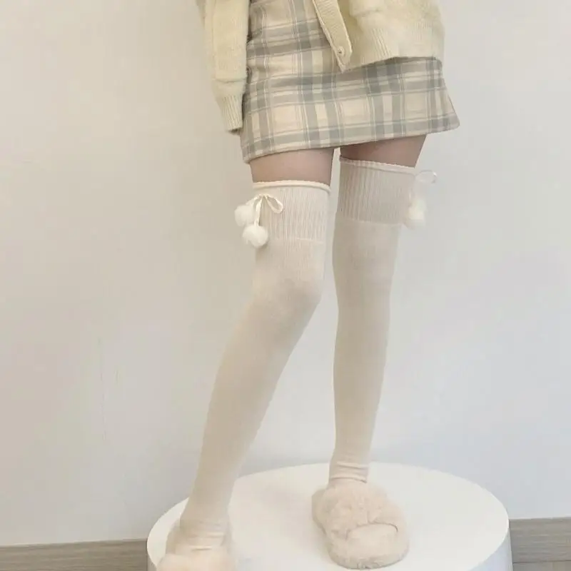 195E Vrouwen Winter Warm Faux Gebreide Dij Hoge Kousen Schattige Pluche Haarbal Strik Over Knie Sokken beenwarmers