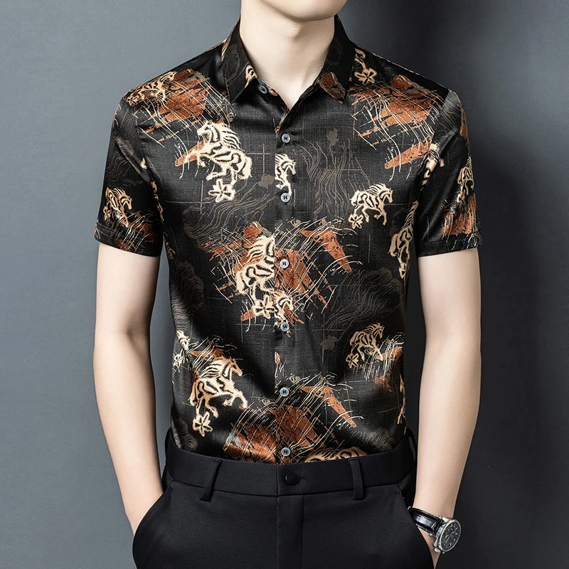 Coolness Lightweight Print Shirts For Men Short Sleeve Silk 92.5% Summer Quality Skin-Friendly Softness Luxury Camisas De Hombre