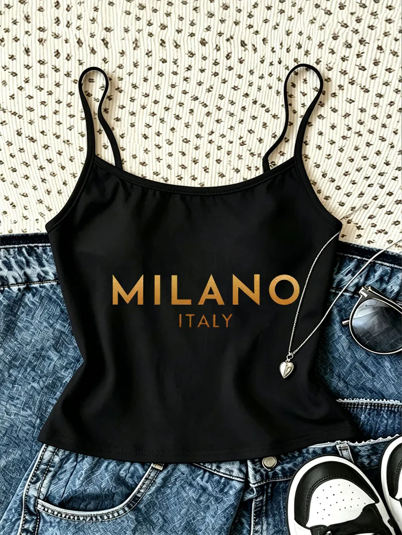 Y2K Fashion Milano Italy Letter Print Camisole Top Casual Crop Top Vest 90s Grunge Women'S Tank Top Spring Summer Clothing