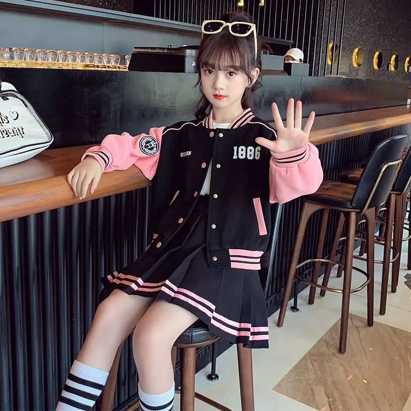 

Girls' Spring and Autumn Skirt Suit 2023 New Baseball Uniform Coat Winter Thickened Plus Velvet Children and Teens Two-Piece Set