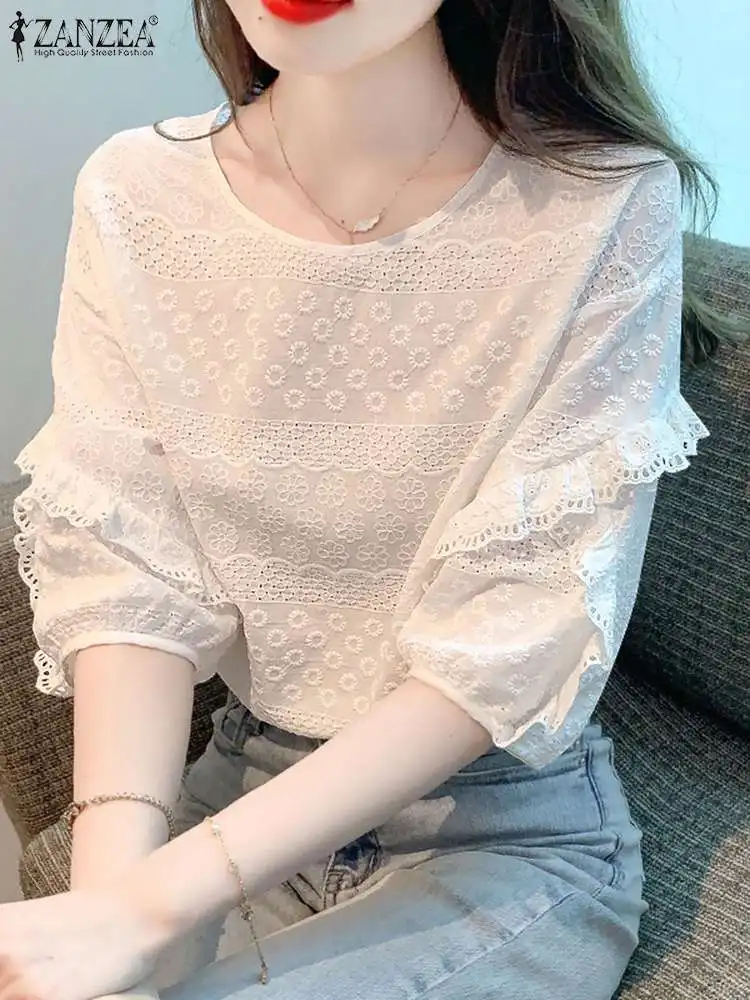 ZANZEA 3/4 Puff Sleeve Solid Blusas Elegant Fashion Hollow Out Embroidery Ruffled Trim Blouses Summer 2024 Women Shirt Tops