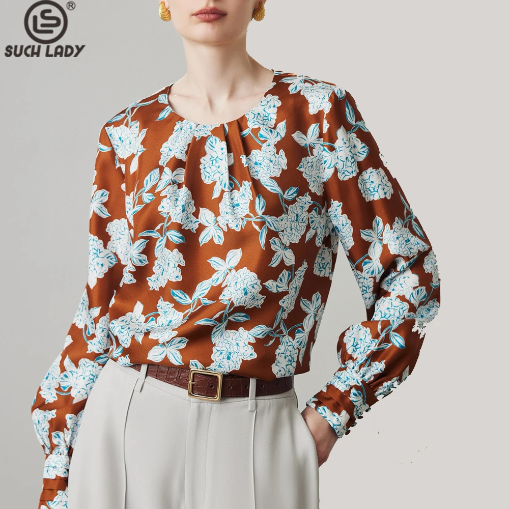 

100% Silk Women's Blouse O Neck Long Sleeves Printed Fashion Pullover Blouse Tops