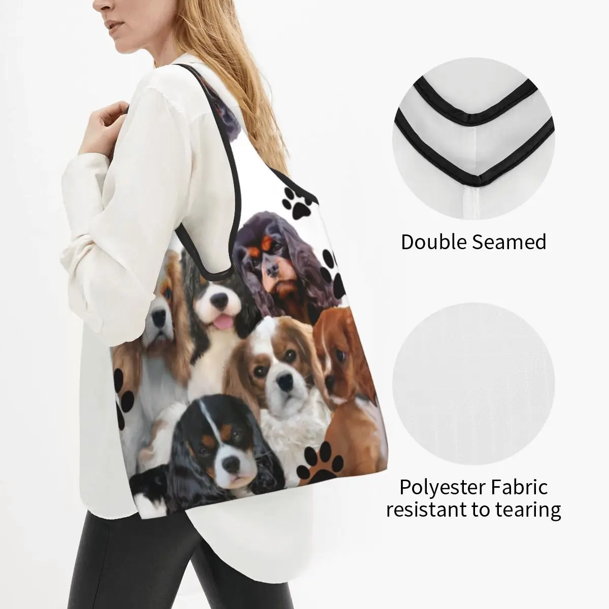 Cavalier King Charles Spaniel Family Group Groceries Shopping Tote Bag Kawaii Dog Shoulder Shopper Bags Large Capacity Handbags