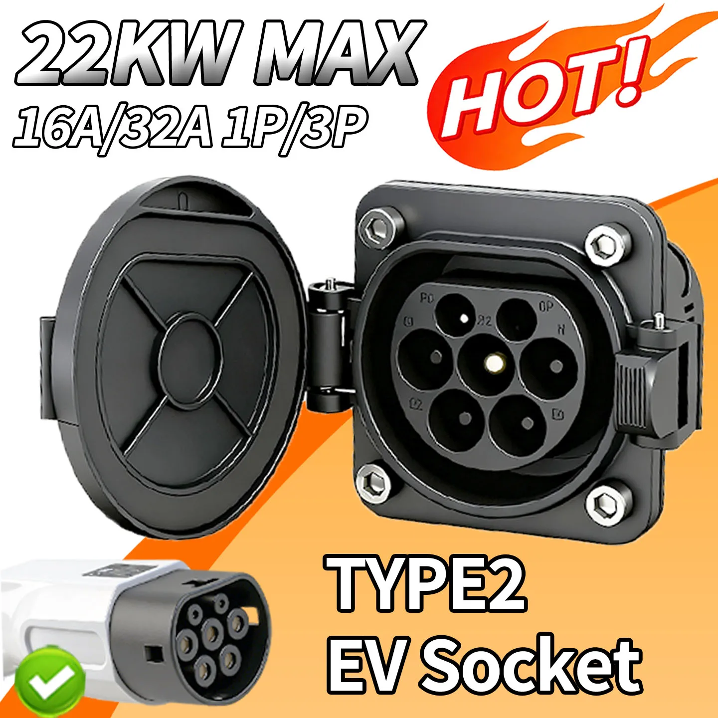 Type 2 Square EV Charger Male Socket IEC62196 16A 32A Electric Car Charging Side Socket without 0.5M Cable