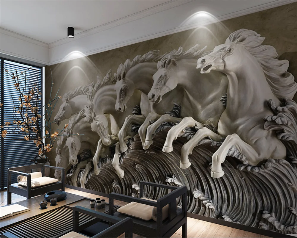 beibehang Customized modern three-dimensional relief horse screen new Chinese bedroom living room background wallpaper