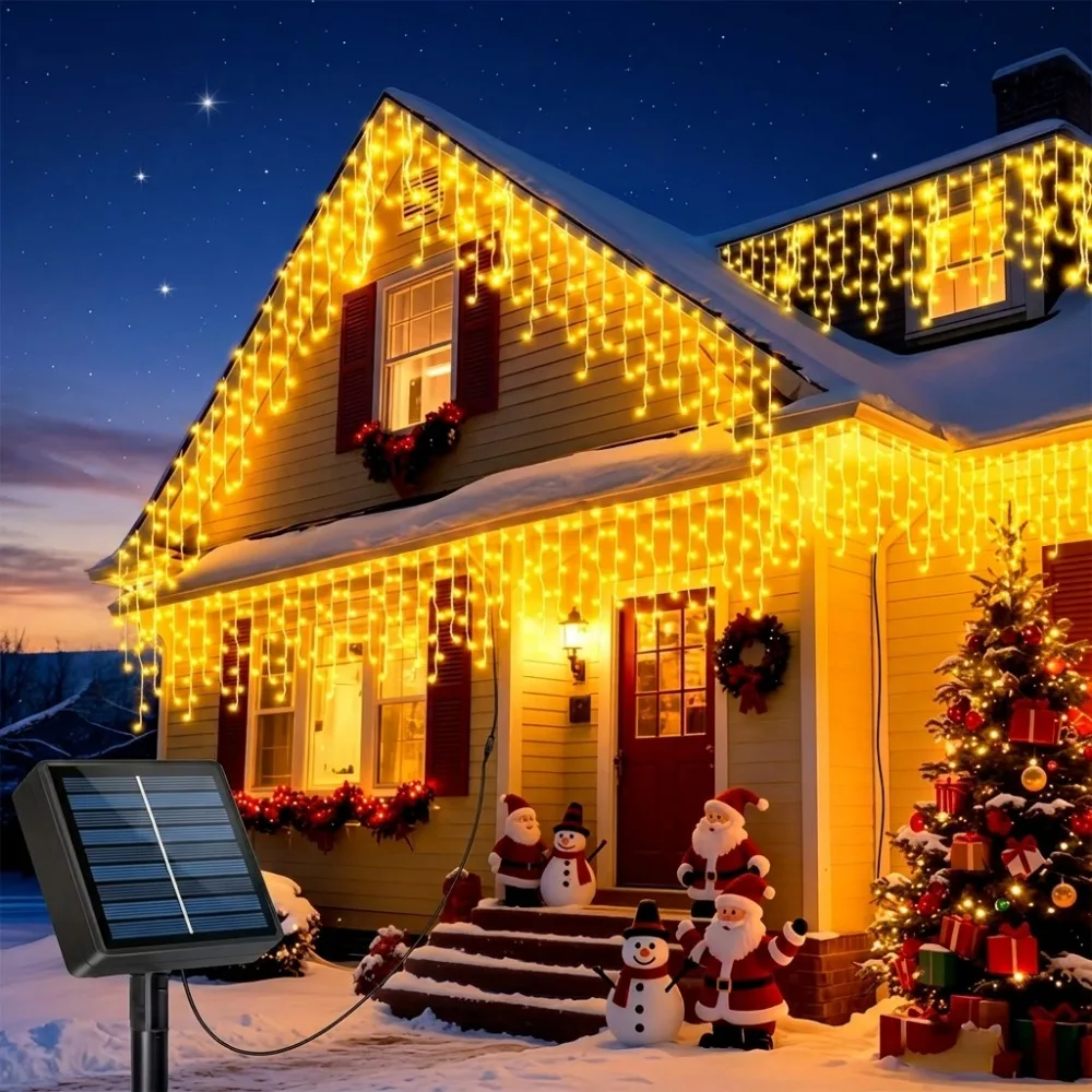Solar Powered Icicle Curtain Lights 3.5M Warm White for Eaves Outdoor Christmas Snow Festive Garden Tree Stair Wedding Decor