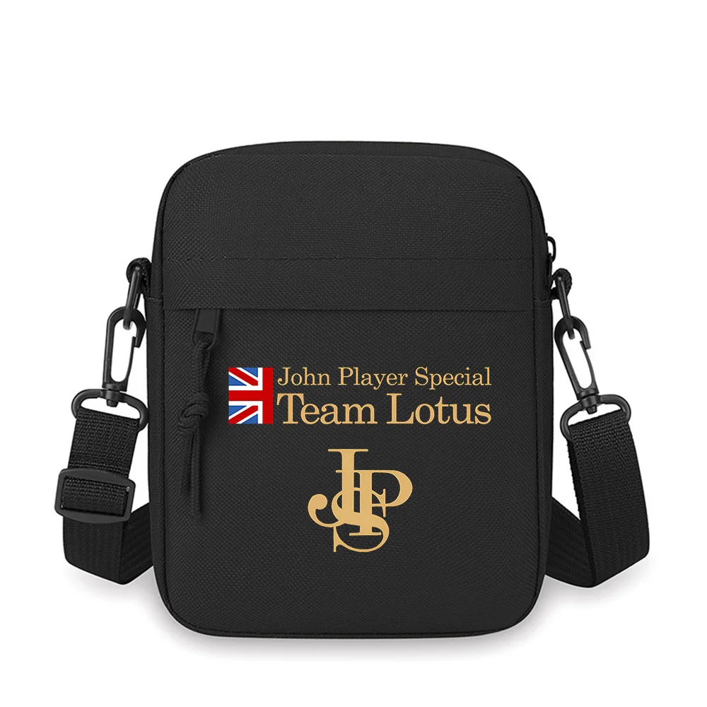 Bandera británica, Team Lotus Special, logo dorado, bolso cruzado para hombre, un solo hombro, diseño de impresión de película de Anime de dibujos animados para mujer, Unisex