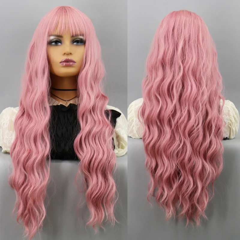 

New Long Wavy Curly Bangs Wig for Women, Synthetic High-Temperature Fiber, Fashionable Pink Wig