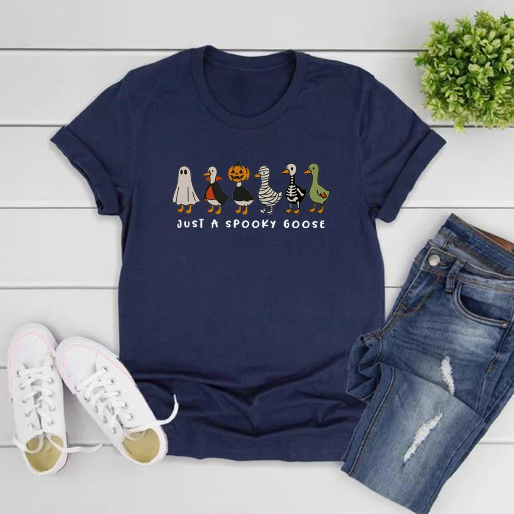 Just A Spooky Goose T-shirt Funny Halloween Goose T Shirt Women Short Sleeve Graphic Tees Spooky Season Tshirt Halloween Gift