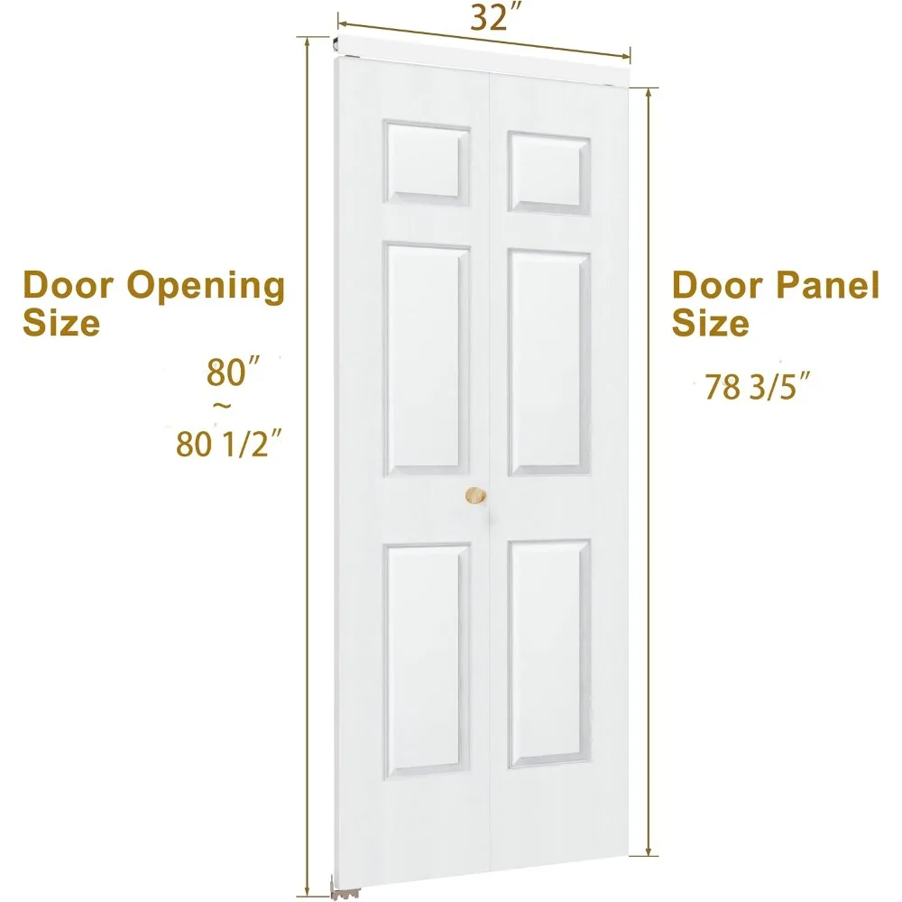 6 Panel Bifold Closet Door 32x80, Hollow Core Folding Door with Hardware, White Primed