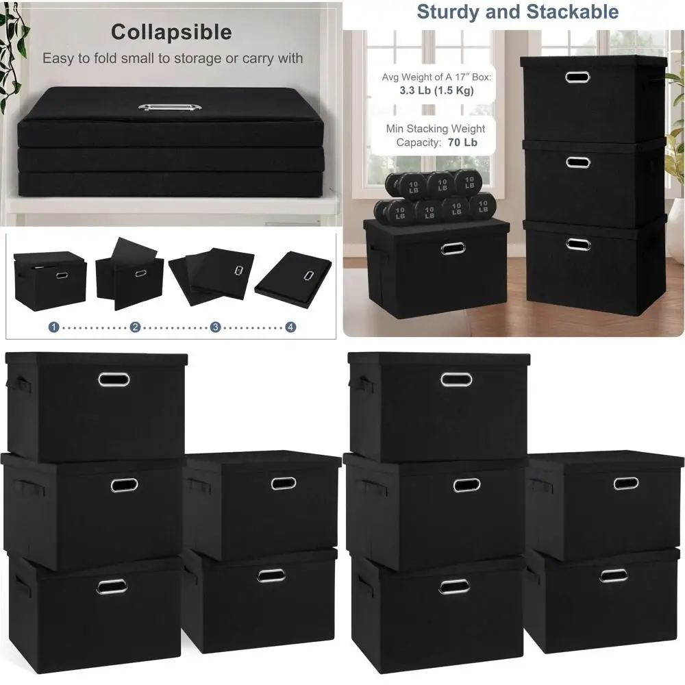 

17 36-Quart Collapsible Storage Bins with Lids, 5 Pack Black Fabric Closet Boxes, Organizers for Home and Office